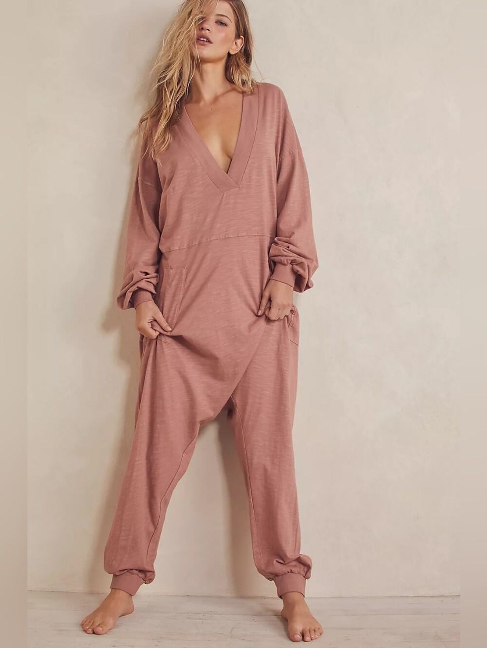 Free People 100% Cotton Rust V-Neck Long Sleeve Jumpsuit Size S